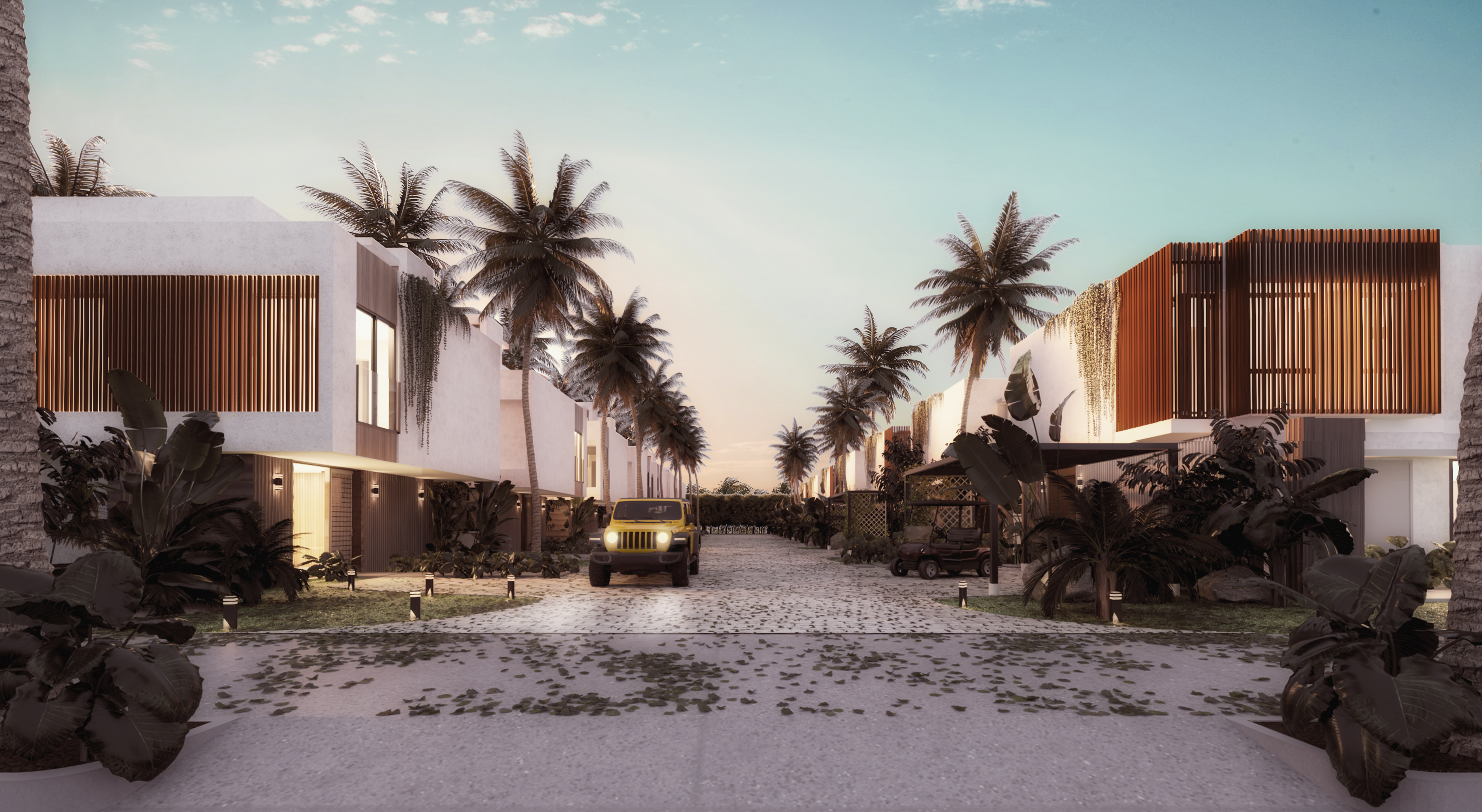 Calle de acceso al conjunto — villas al atardecer